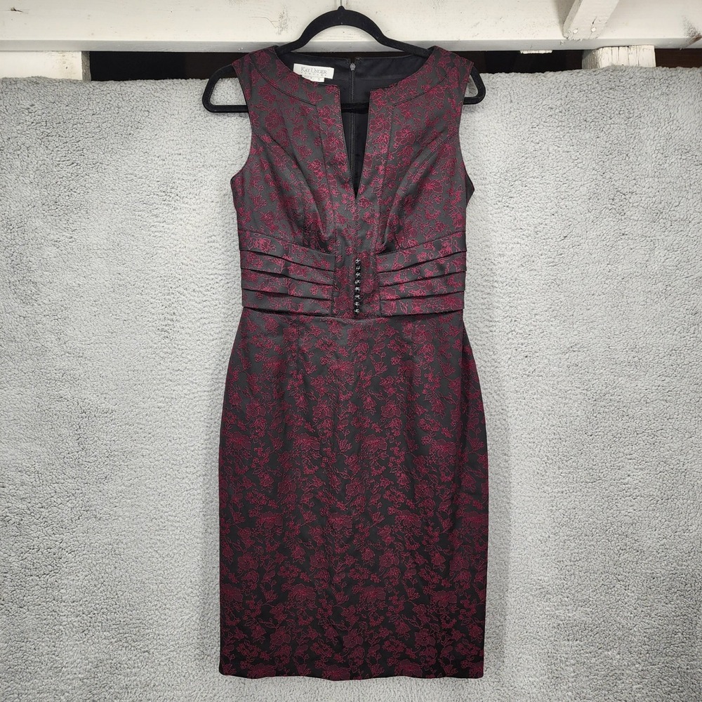 Kay Unger New York Floral Brocade Sheath Dress Burgundy Black Size 6 Cocktail